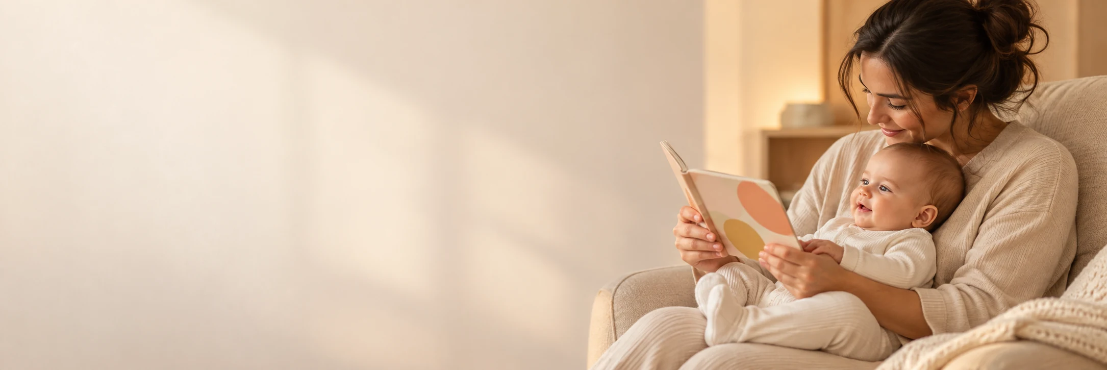 Мама читает книжку бодрствующему малышу, поддерживая его на коленях.