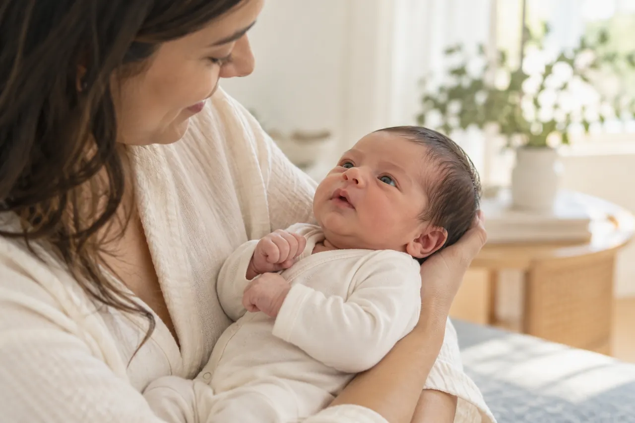 Родитель бережно держит ребёнка первого месяца жизни